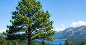 Mature pine tree in a sunny mountain landscape beside a blue lake
