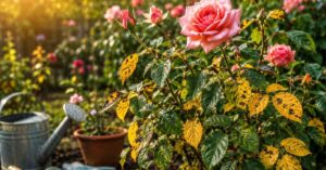 Rose leaves turning yellow with black spots on a garden rose bush