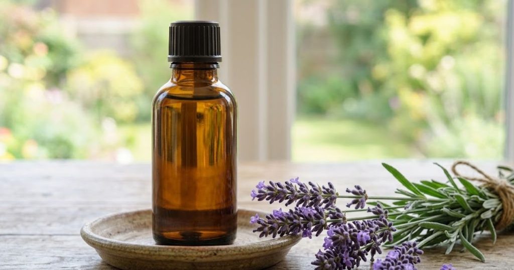 Lavender essential oil beside fresh lavender
