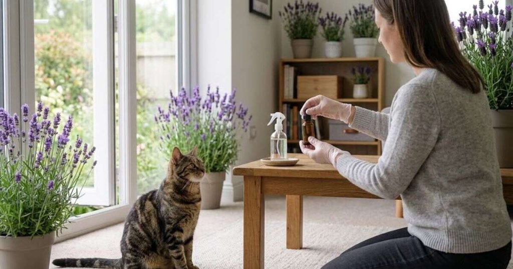 Owner removing lavender oil from a cat