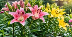 Pink and yellow lilies blooming in a sunny garden