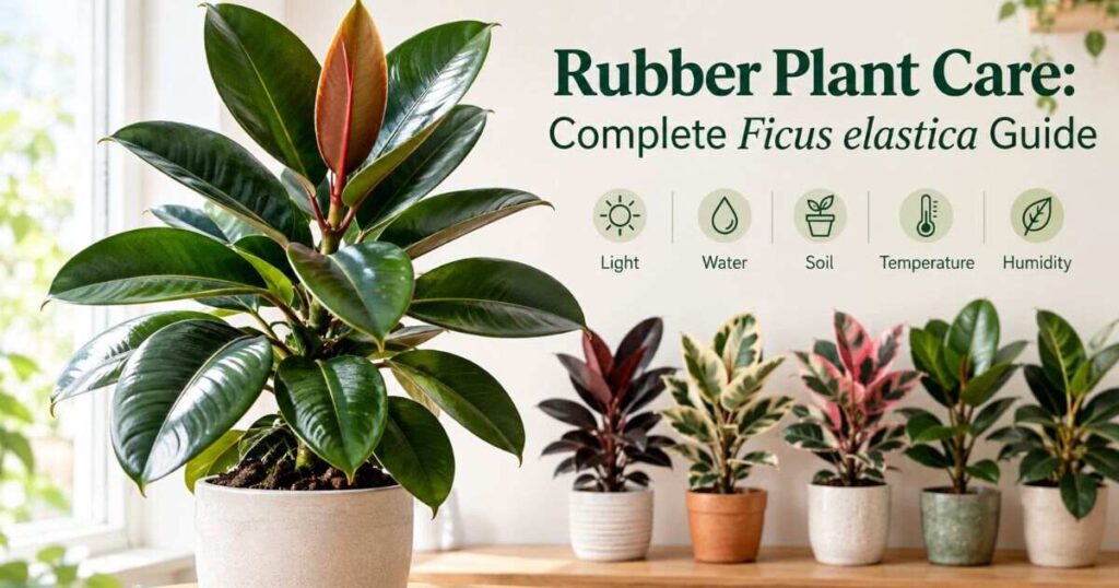 Rubber plant care guide with Ficus elastica varieties.