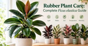 Rubber plant care guide with Ficus elastica varieties.
