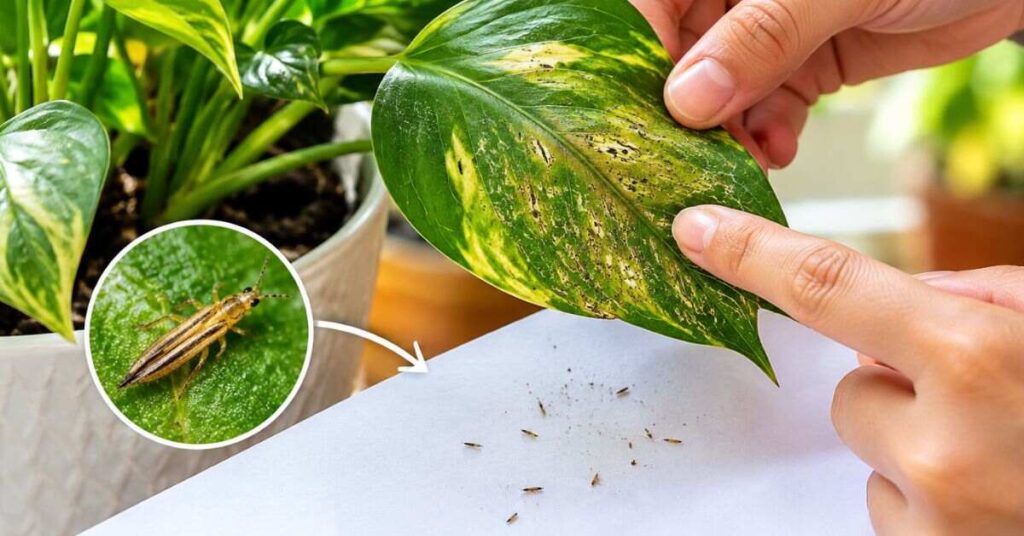 Thrips damage on a houseplant leaf with tiny thrips visible on white paper