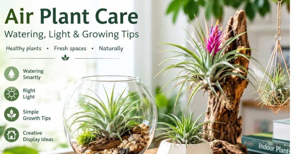 Air plants displayed on driftwood and in glass terrariums