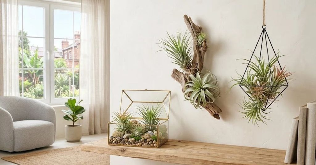 Air plants in glass and driftwood displays