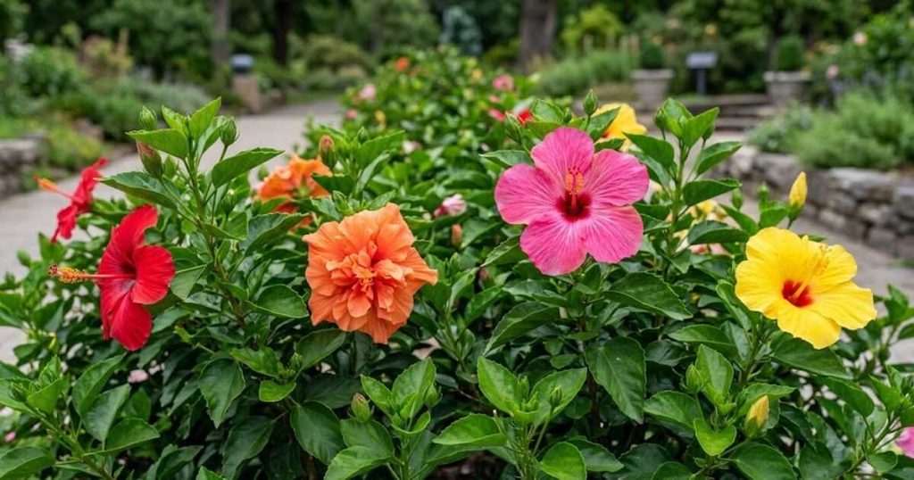 Different japa plant flower colors including red, pink, yellow, and orange.