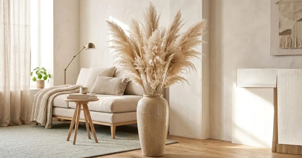 Dried pampas grass stems arranged in a tall ceramic vase