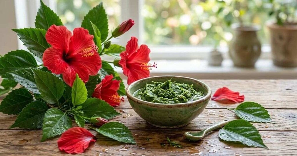 Fresh hibiscus flowers and leaves prepared for a traditional hair mask.