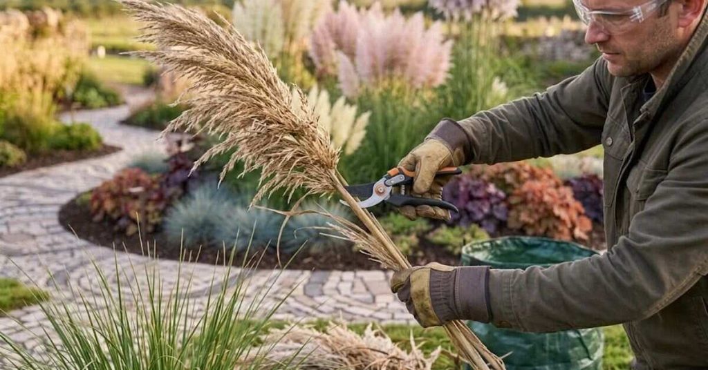 Gardener wearing protective gloves while pruning pampas grass