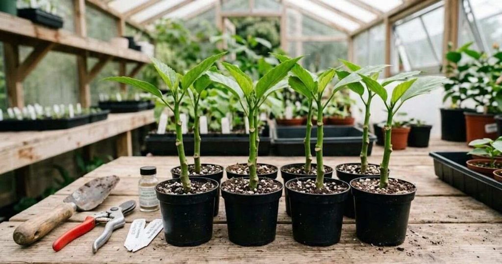 Japa plant stem cuttings growing in small nursery pots.