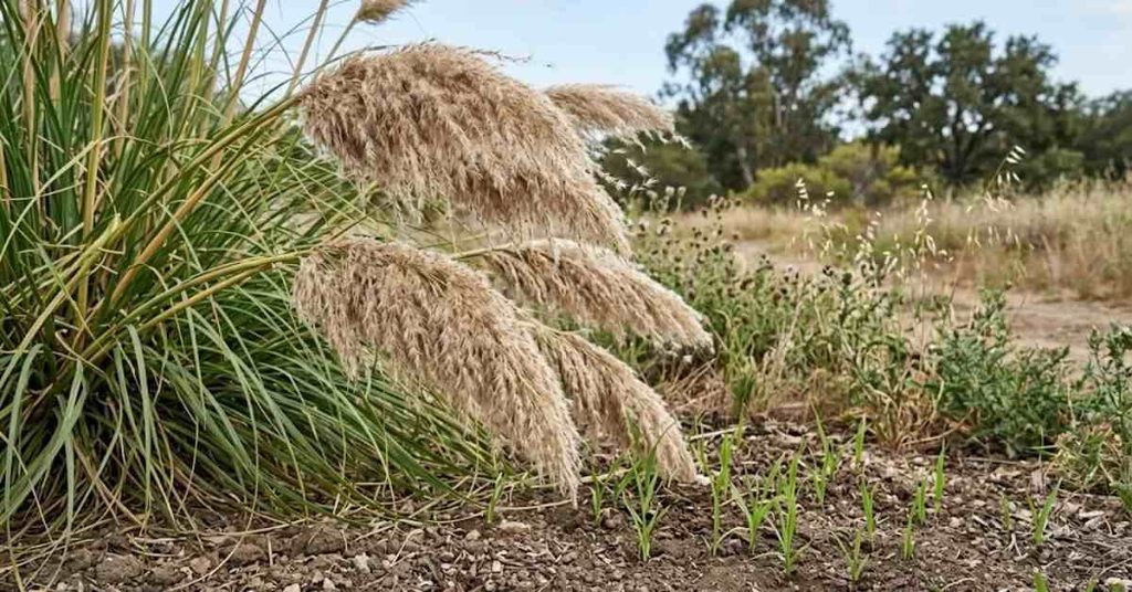 Pampas grass seed bearing plumes with young seedlings nearby