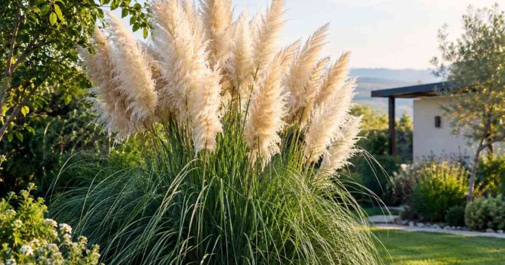 Pampas grass with fluffy white plumes.