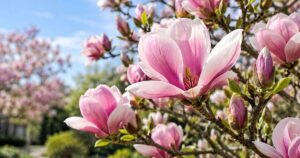 Pink magnolia flowers blooming on a tree in spring.