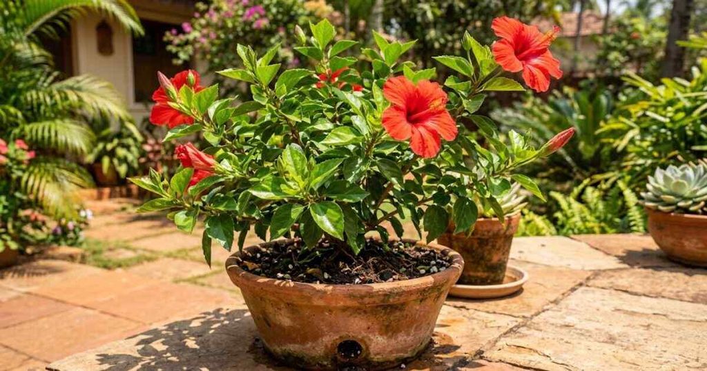 Potted japa plant growing in bright outdoor sunlight.