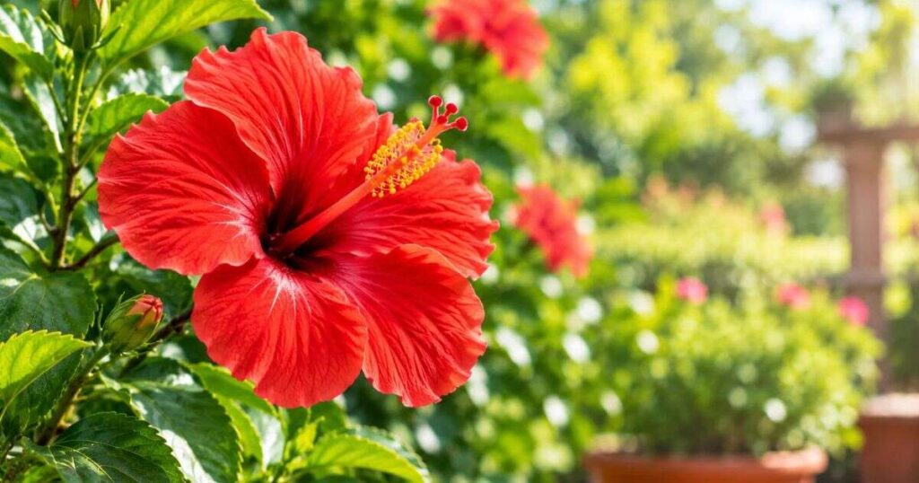 Red japa flower with green leaves.