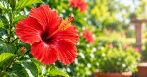 Red japa flower with green leaves.