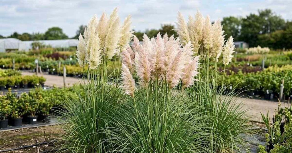 White and pink tinged pampas grass plumes growing outdoors